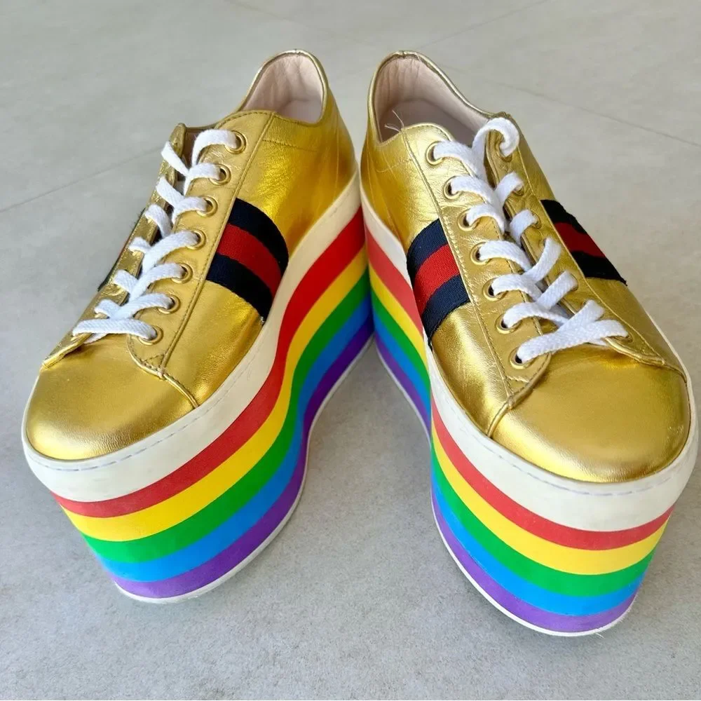 Gucci Peggy Rainbow Platform Sneakers EU 38 US 8 Gold Lace Up Slatform Shoes